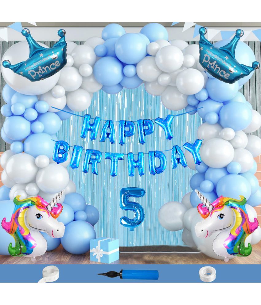     			CRAZYKART Unicorn Prince Crown Theme Fifth 5th Birthday Decoration Items For Boys Party Decoration Kit Balloon Combo Pack Of 111 Pcs Blue