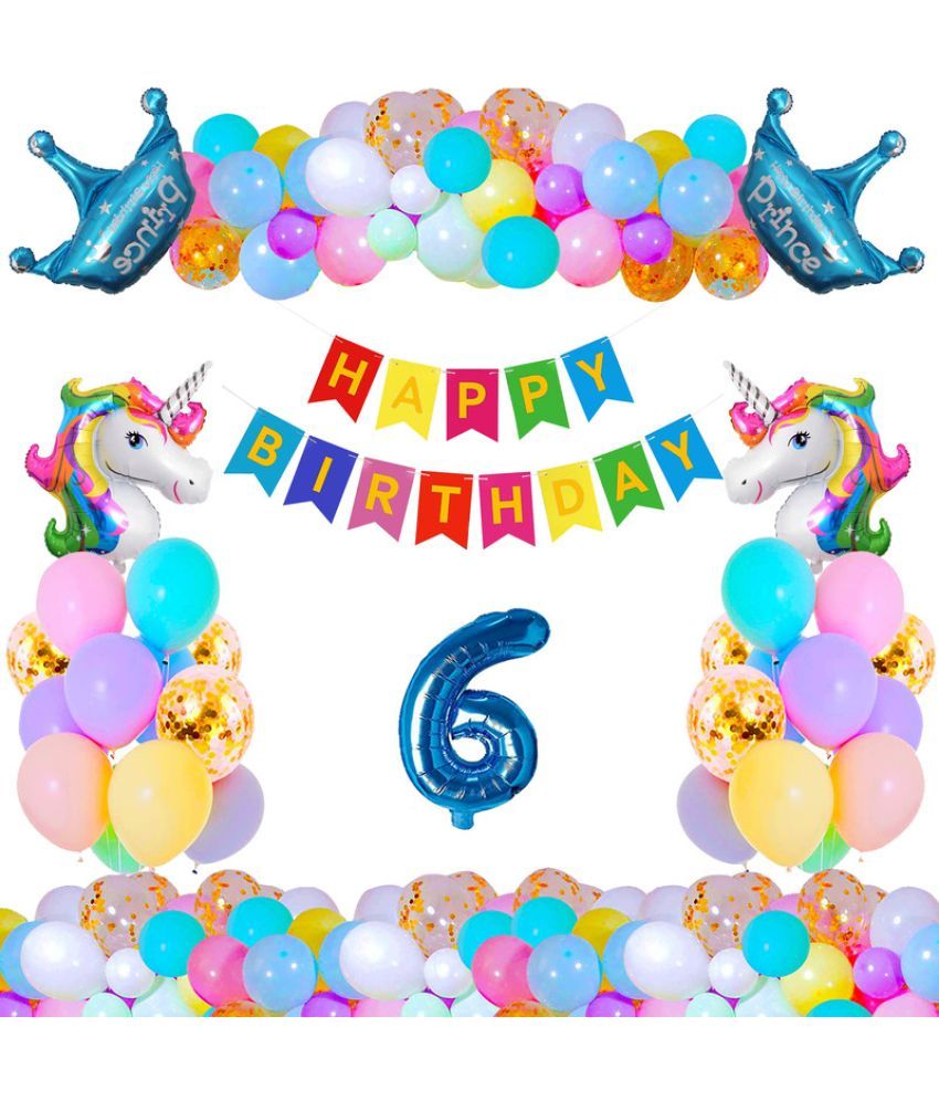     			CRAZYKART Unicorn Prince Crown Theme Sixth 6th Birthday Decoration Items For Boys Party Decoration Kit Balloon Combo Pack Of 36 Pcs Blue