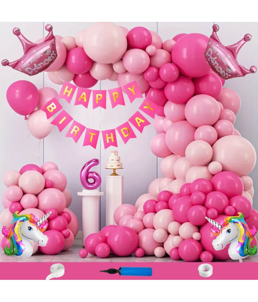     			CRAZYKART Unicorn Princess Crown Theme Sixth 6th Birthday Decoration Items For Girls Party Decoration Kit Balloon Combo Pack Of 109 Pcs Pink