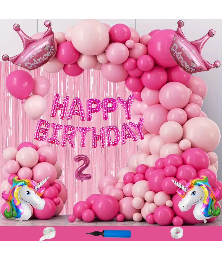     			CRAZYKART Unicorn Princess Crown Theme Second 2nd Birthday Decoration Items For Girls Party Decoration Kit Balloon Combo Pack Of 111 Pcs Pink