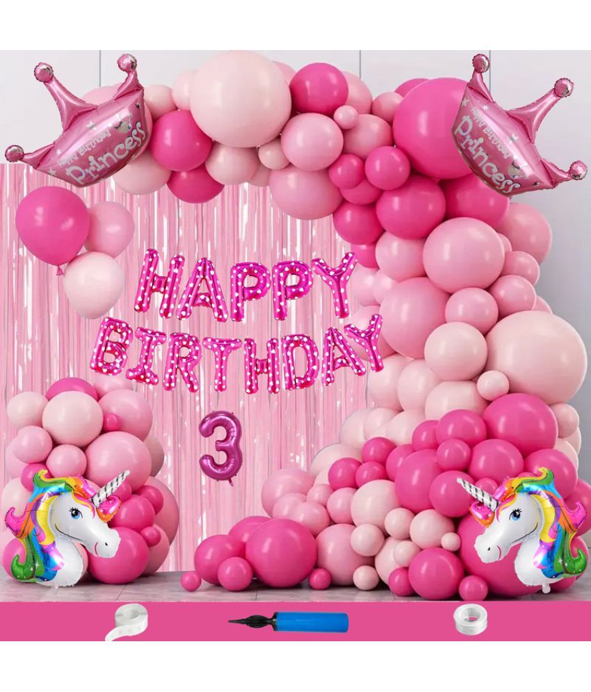     			CRAZYKART Unicorn Princess Crown Theme Third 3rd Birthday Decoration Items For Girls Party Decoration Kit Balloon Combo Pack Of 111 Pcs Pink