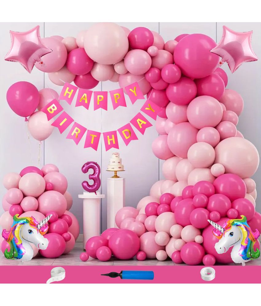     			CRAZYKART Unicorn Star Theme Third 3rd Birthday Decoration Items For Girls Party Decoration Kit Balloon Combo Pack Of 109 Pcs Pink