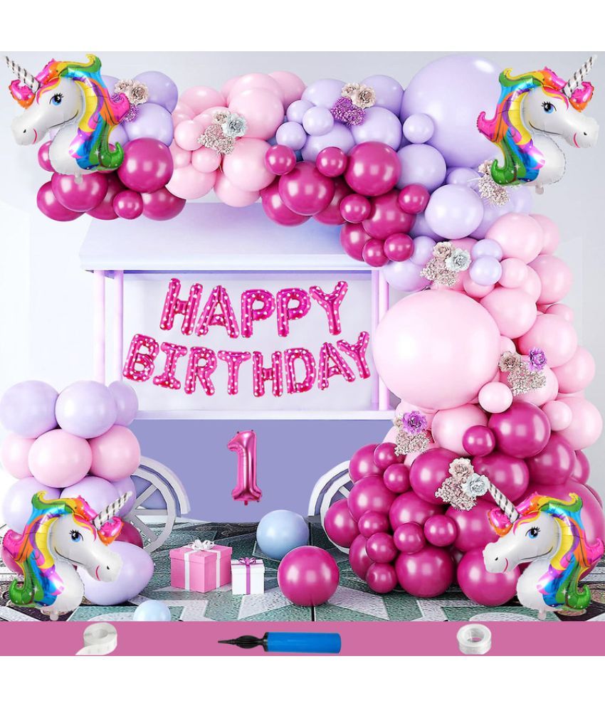     			CRAZYKART Unicorn Theme First 1st Birthday Decoration Items For Girls Party Decoration Kit Balloon Combo Pack Of 84 Pcs Pink