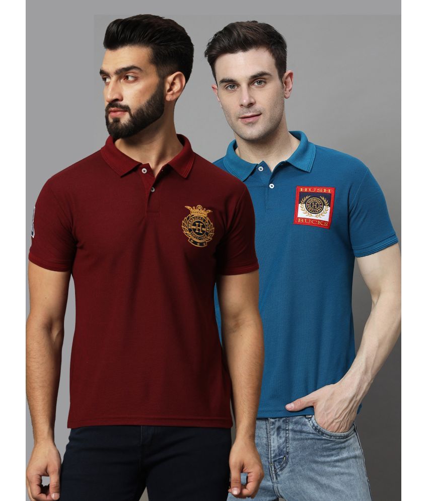     			Hushbucks Pack of 2 Cotton Blend Regular Fit Solid Half Sleeves Men's Polo T Shirt ( Maroon )