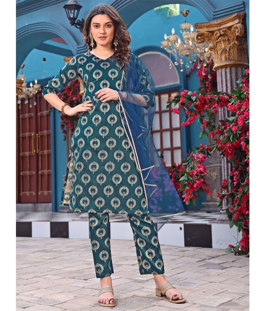     			kedar fab Banarasi Printed Kurti With Pants Women's Stitched Salwar Suit - Green ( Pack of 1 )