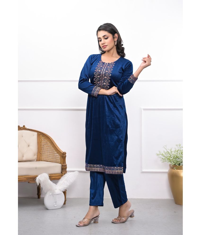     			Juniper Velvet Embroidered Kurti With Pants Women's Stitched Salwar Suit - Blue ( Pack of 1 )