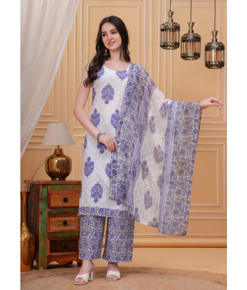     			Jyoti Cotton Blend Printed Kurti With Pants Women's Stitched Salwar Suit - Blue ( Pack of 1 )