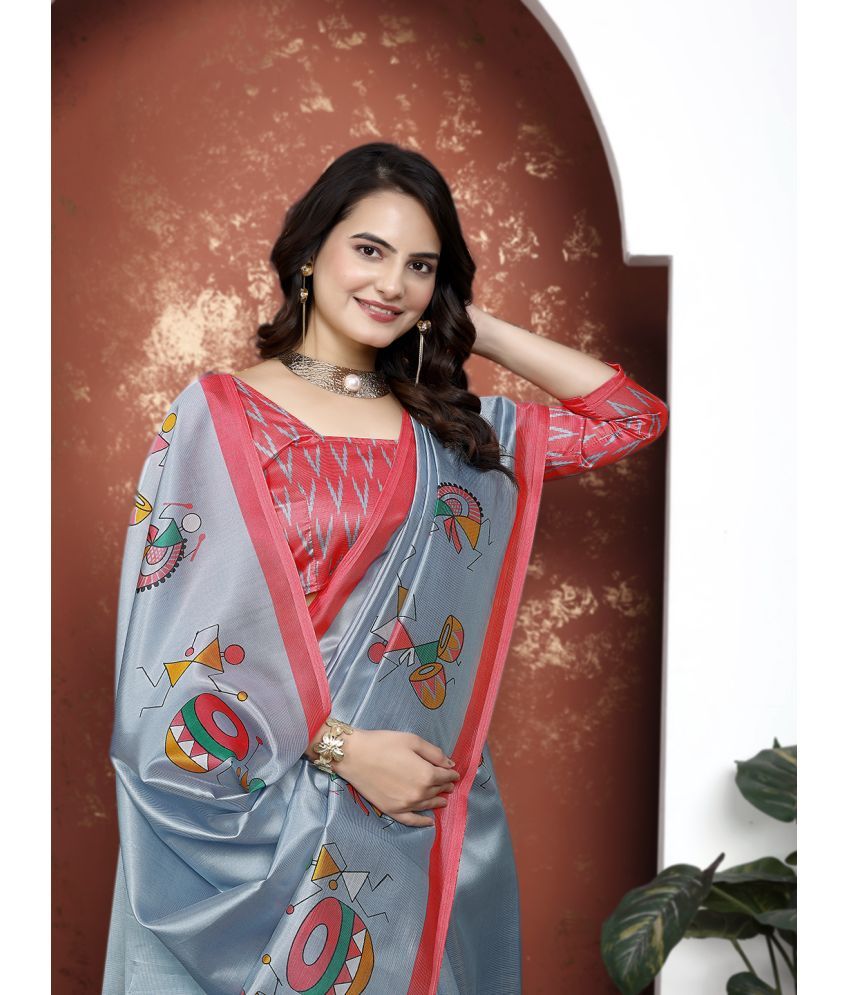     			Kanooda Prints Art Silk Printed Saree With Blouse Piece ( Grey , Pack of 1 )