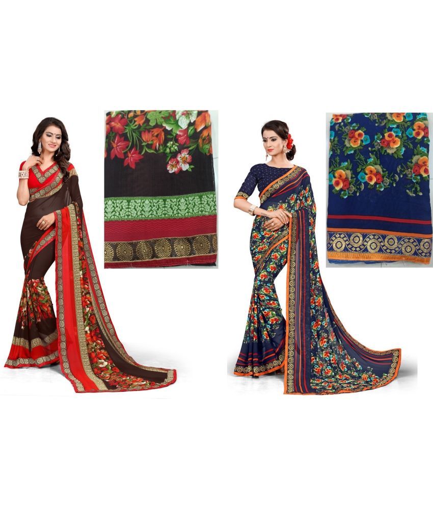     			Kanooda Prints Georgette Printed Saree With Blouse Piece ( Multicolor , Pack of 2 )