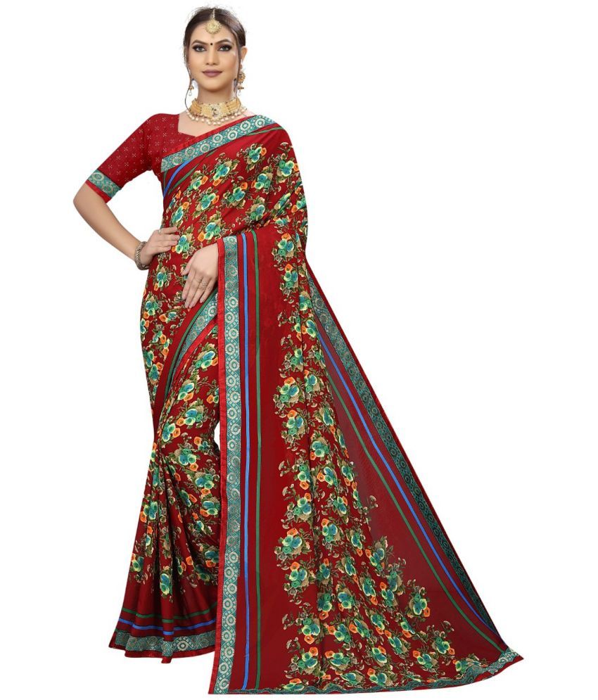     			Kanooda Prints Georgette Printed Saree With Blouse Piece ( Maroon , Pack of 1 )