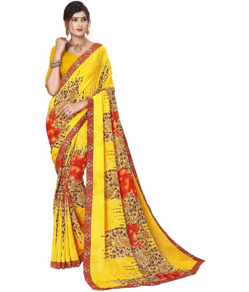     			Kanooda Prints Georgette Printed Saree With Blouse Piece ( Yellow , Pack of 1 )