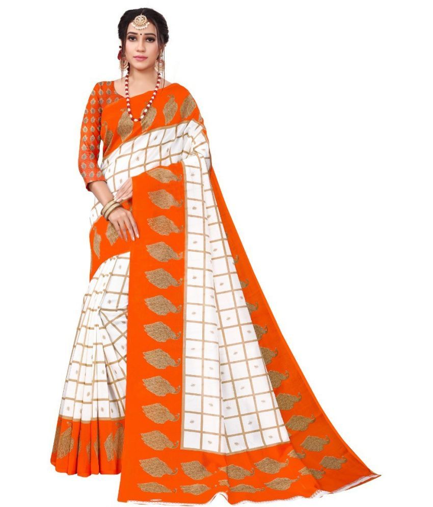     			Kanooda Prints Silk Blend Printed Saree With Blouse Piece ( Orange , Pack of 1 )