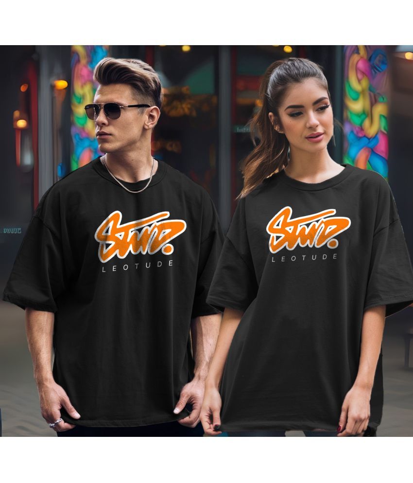     			Leotude Black Blended Oversized Fit Couple T-Shirt