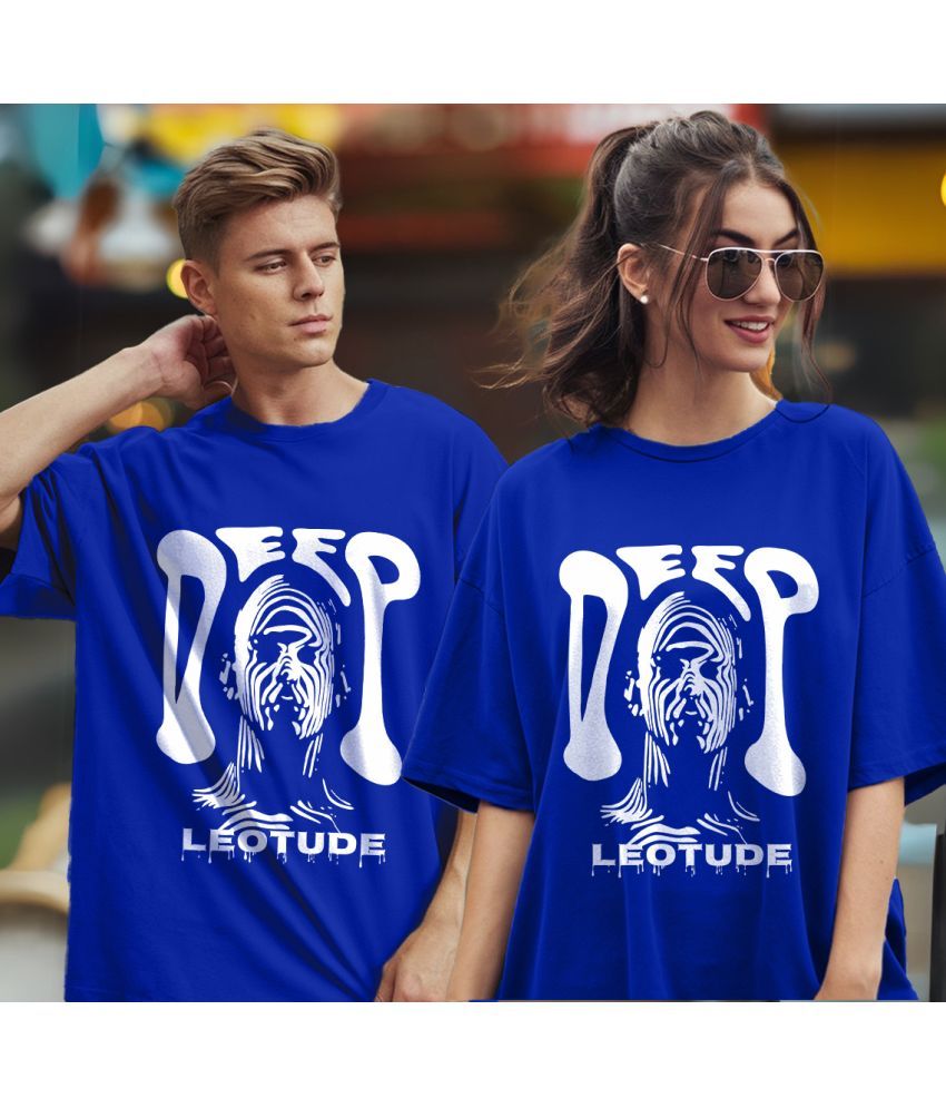     			Leotude Blue Blended Oversized Fit Couple T-Shirt