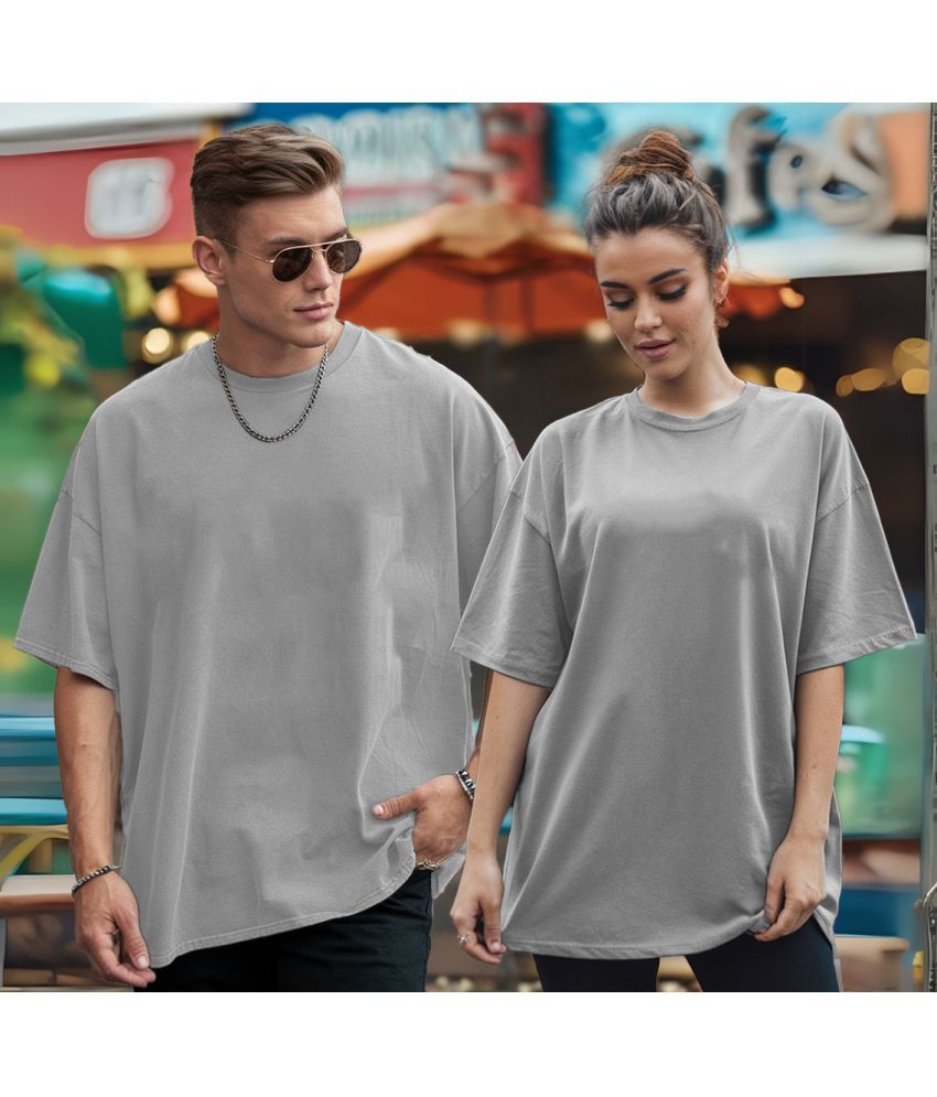     			Leotude Grey Blended Oversized Fit Couple T-Shirt