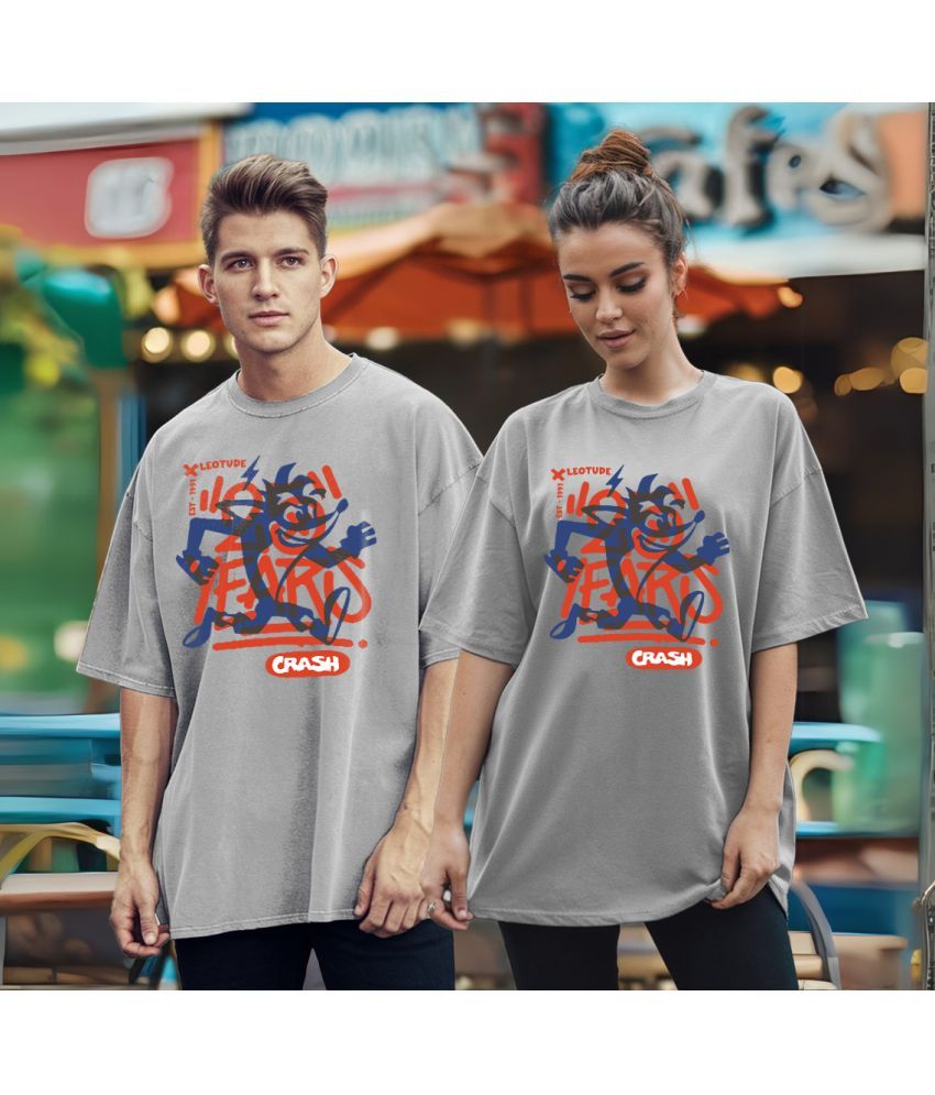     			Leotude Grey Blended Oversized Fit Couple T-Shirt