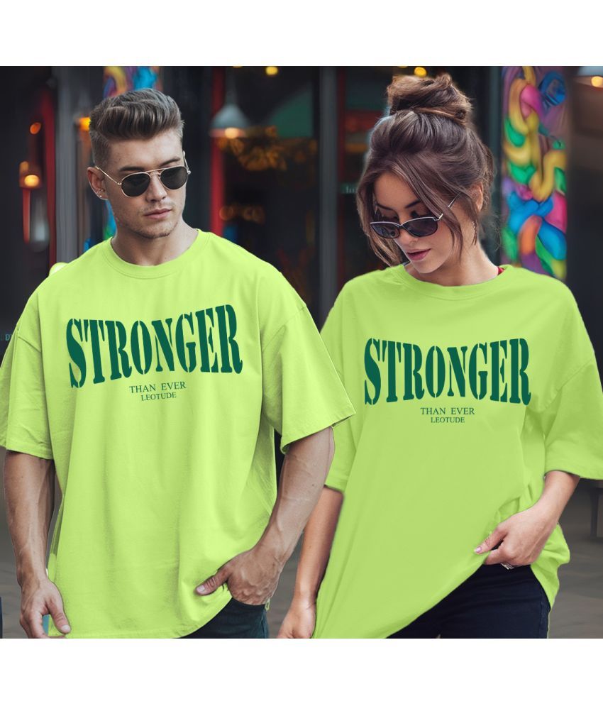     			Leotude Lime Green Blended Oversized Fit Couple T-Shirt