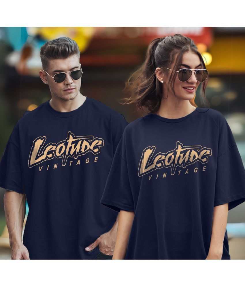     			Leotude Navy Blended Oversized Fit Couple T-Shirt