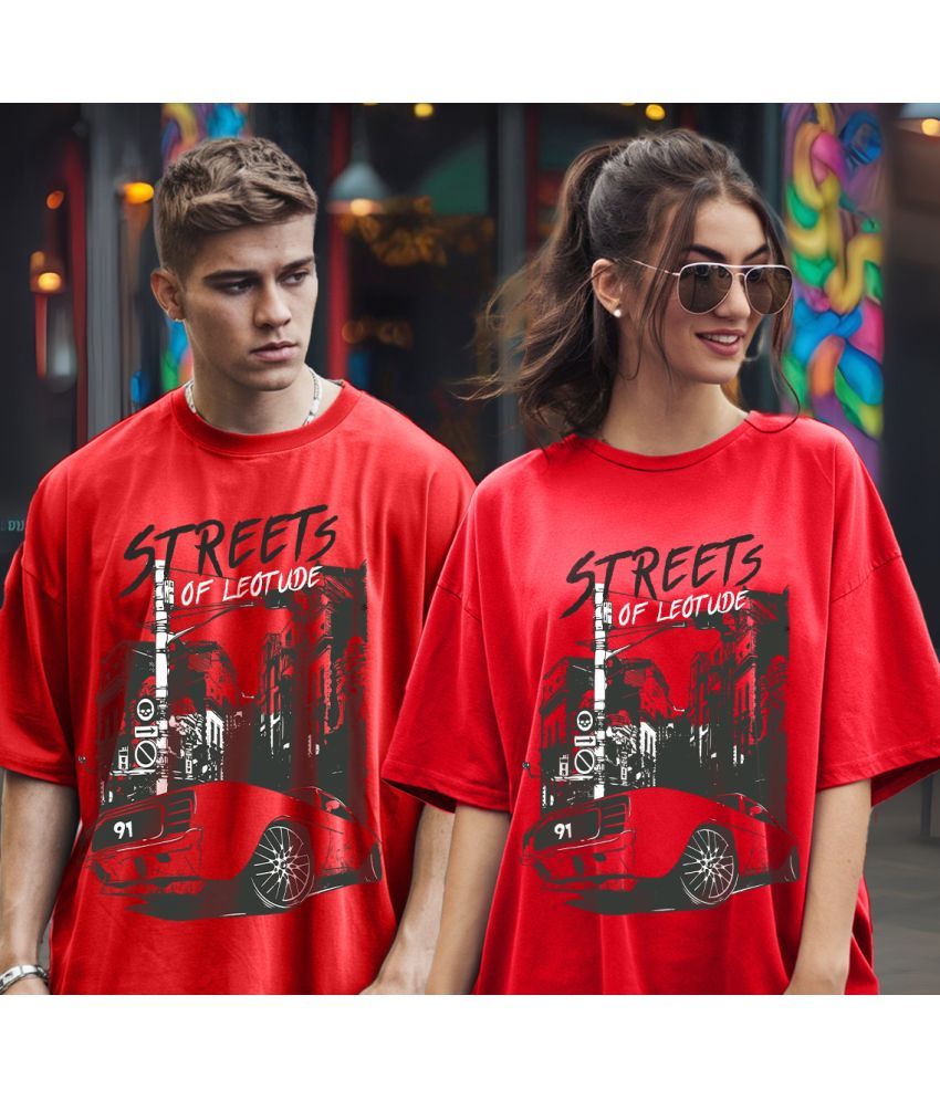     			Leotude Red Blended Oversized Fit Couple T-Shirt