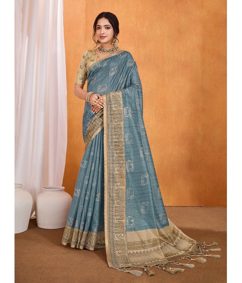     			Rekha Maniyar Cotton Silk Printed Saree With Blouse Piece ( Blue , Pack of 1 )