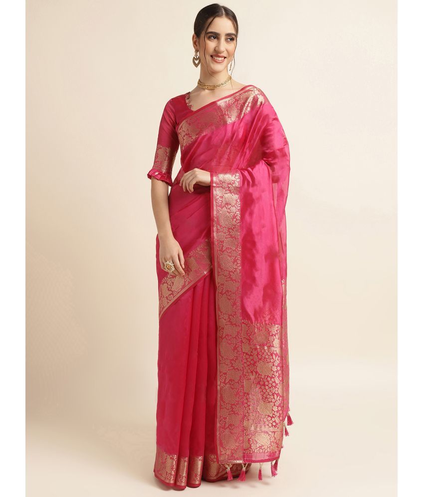     			Rekha Maniyar Silk Blend Woven Saree With Blouse Piece ( Pink , Pack of 1 )