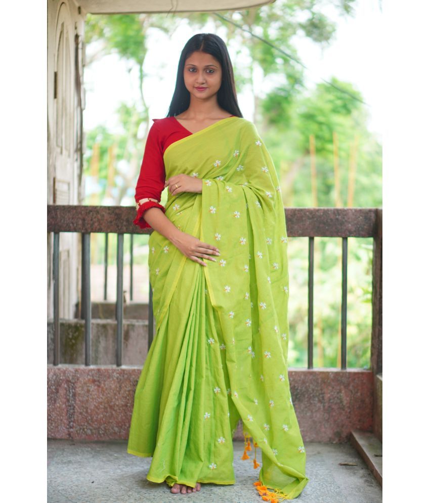     			SARADA HANDLOOM Cotton Embroidered Saree With Blouse Piece ( Light Green , Pack of 1 )