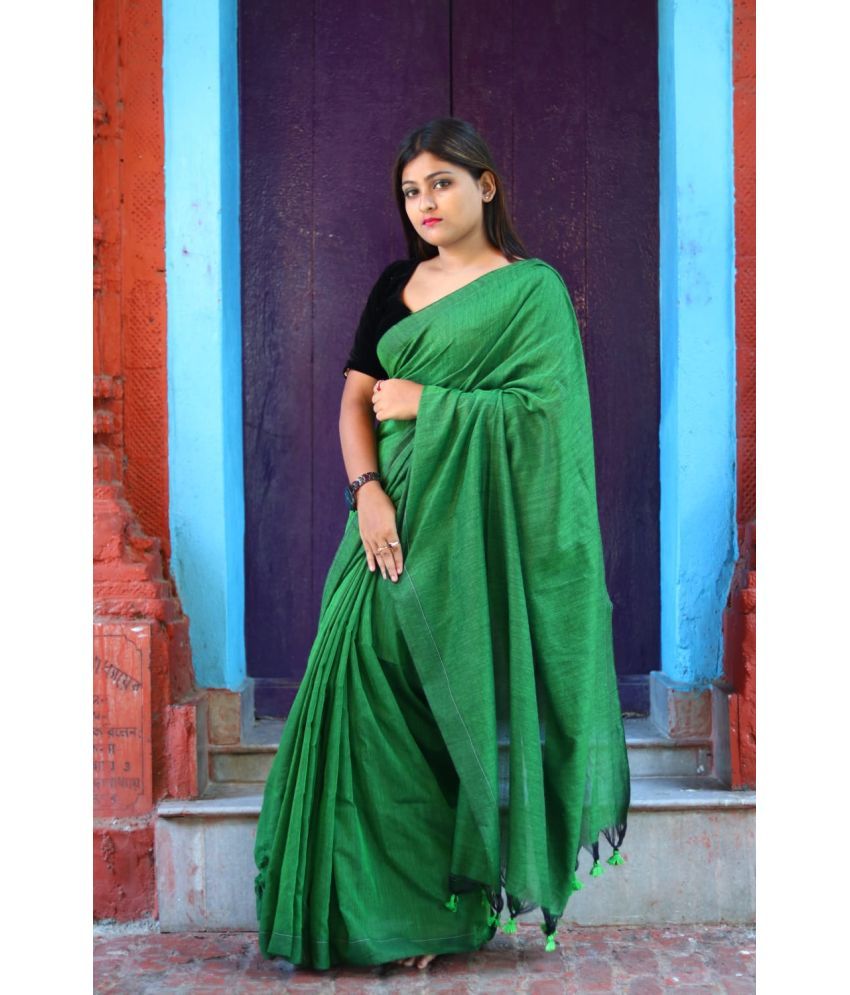     			SARADA HANDLOOM Cotton Solid Saree With Blouse Piece ( Green , Pack of 1 )