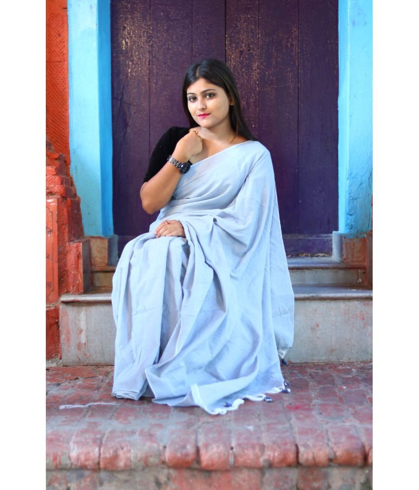     			SARADA HANDLOOM Cotton Solid Saree With Blouse Piece ( Light Blue , Pack of 1 )