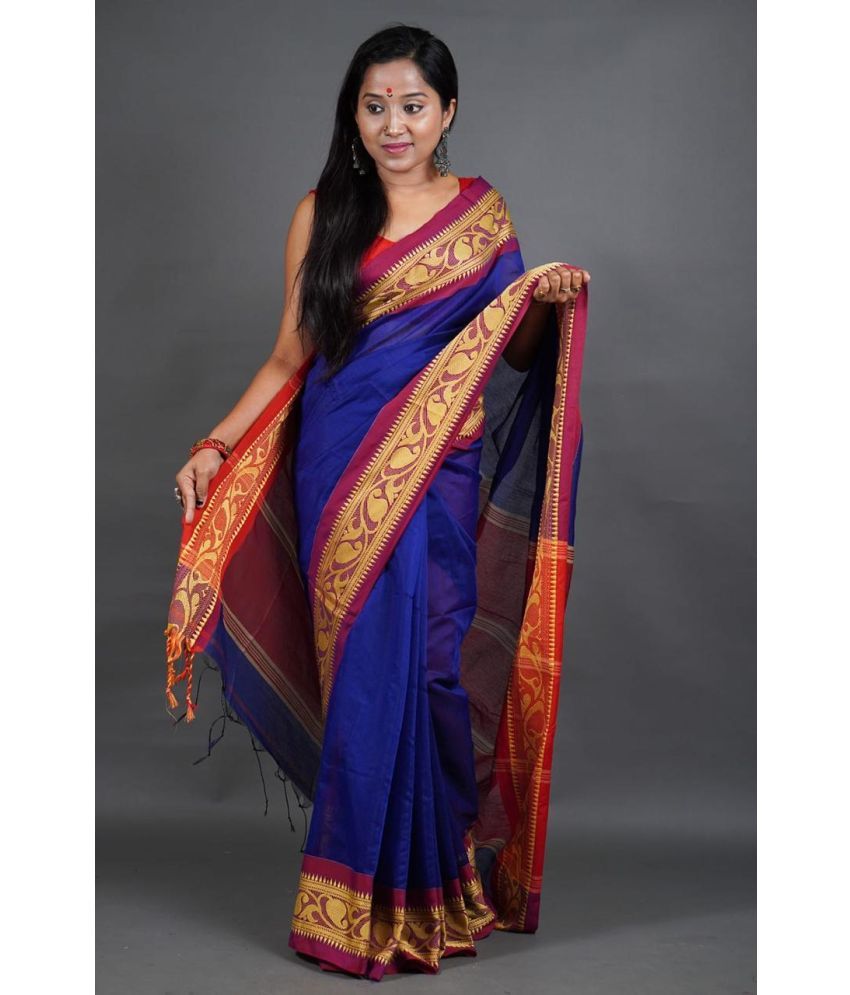     			SARADA HANDLOOM Cotton Woven Saree With Blouse Piece ( Blue , Pack of 1 )