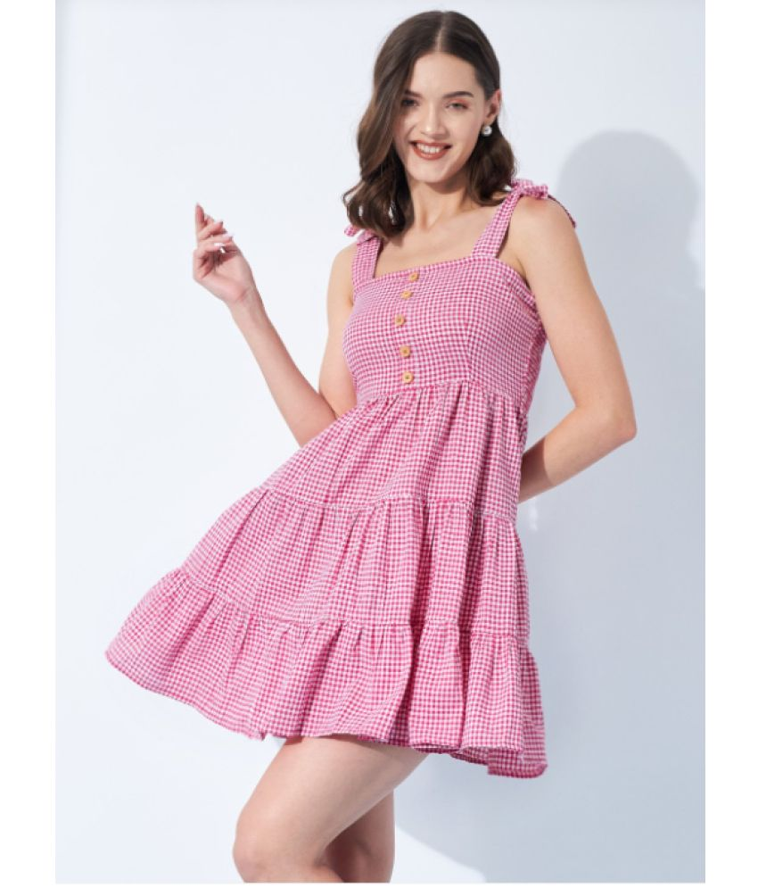     			TAMINA Cotton Blend Checks Above Knee Women's Fit & Flare Dress - Pink ( Pack of 1 )