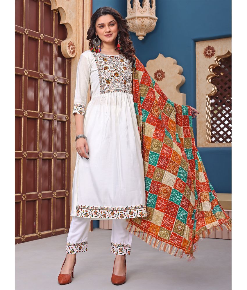     			Trijal Fab Cotton Silk Embroidered Kurti With Pants Women's Stitched Salwar Suit - White ( Pack of 1 )