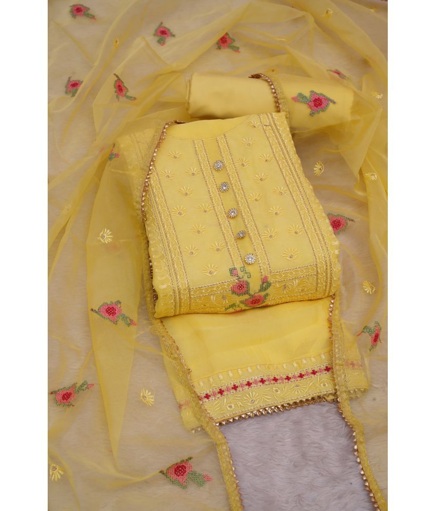     			tavas Unstitched Chanderi Embellished Dress Material - Yellow ( Pack of 1 )