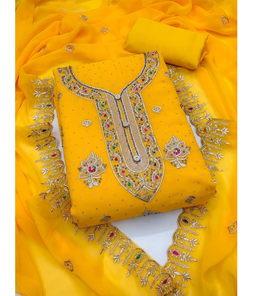     			ALSHOP Unstitched Georgette Embroidered Dress Material - Yellow ( Pack of 1 )