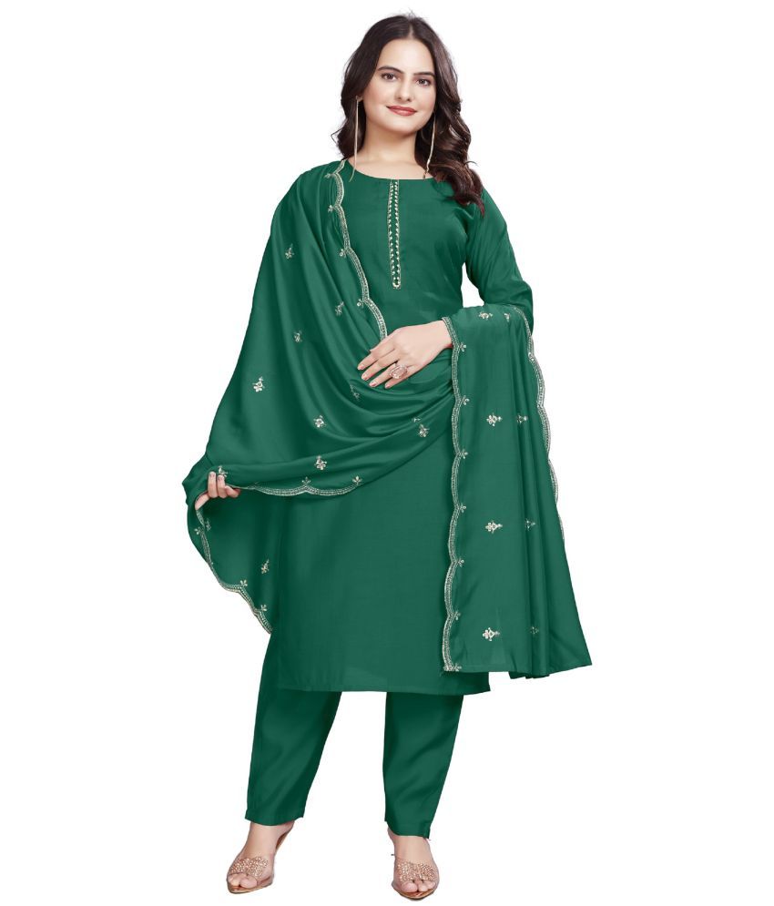     			GOPI SAREE Cotton Silk Embellished Kurti With Pants Women's Stitched Salwar Suit - Green ( Pack of 1 )