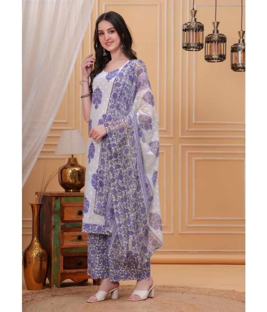     			JC4U Cotton Blend Printed Kurti With Pants Women's Stitched Salwar Suit - Blue ( Pack of 1 )