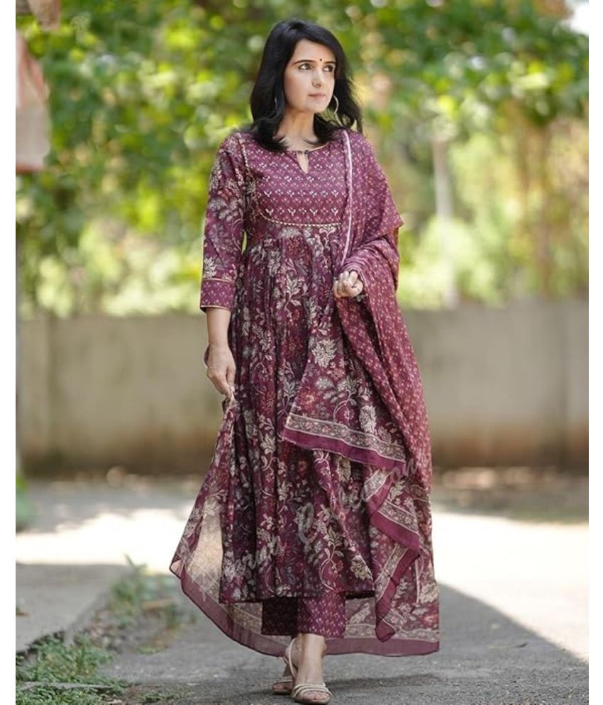     			KIRMESH FAISHON Chanderi Printed Kurti With Pants Women's Stitched Salwar Suit - Maroon ( Pack of 1 )