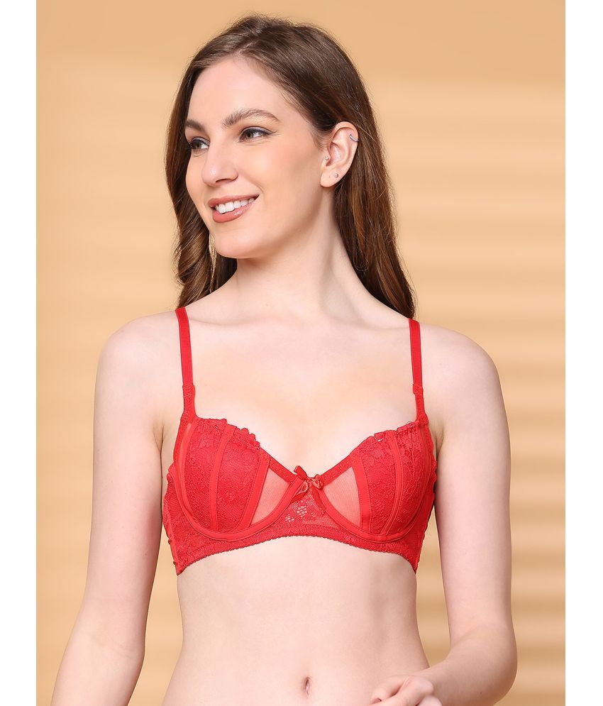     			PrettyCat Pack of 1 Net Lightly Padded Balconette Bra For Women ( Red )