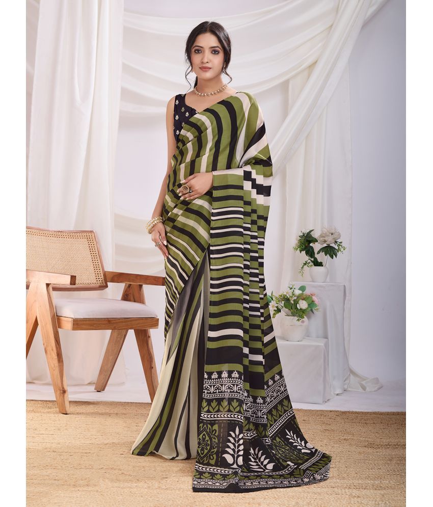     			Rekha Maniyar Satin Striped Saree With Blouse Piece ( Green , Pack of 1 )