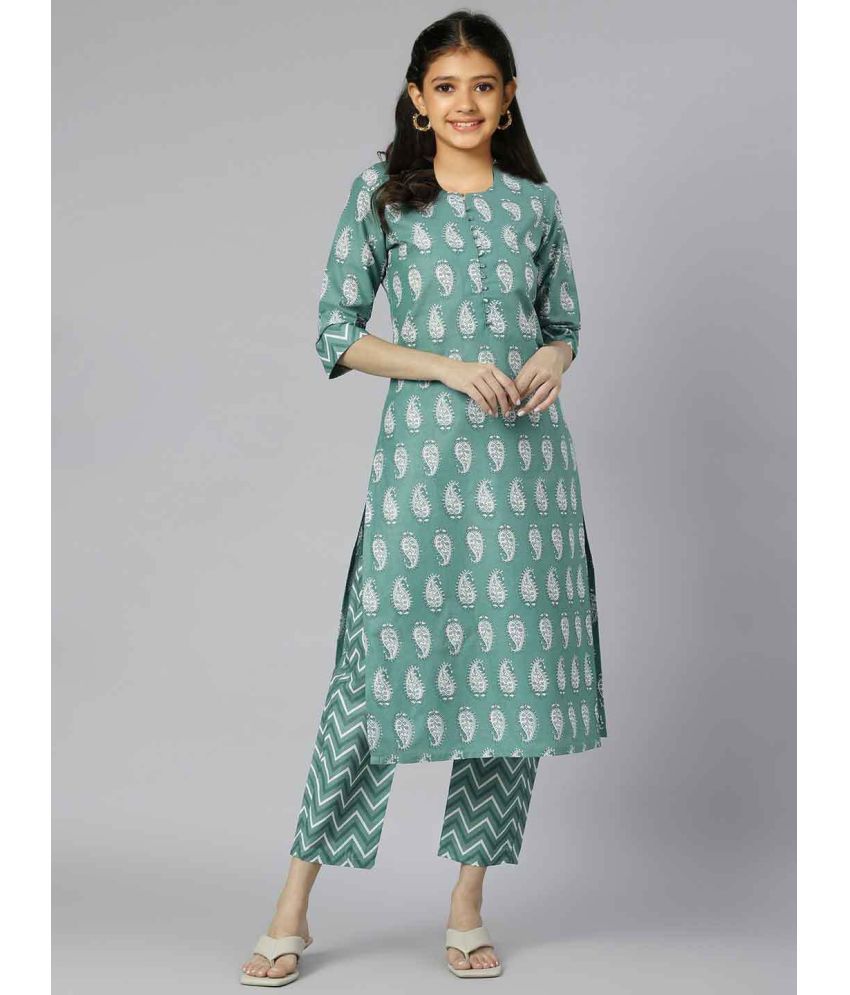     			Bholukart Girls Cotton Blend Kurti with Churidar ( Pack of 1 , Green )