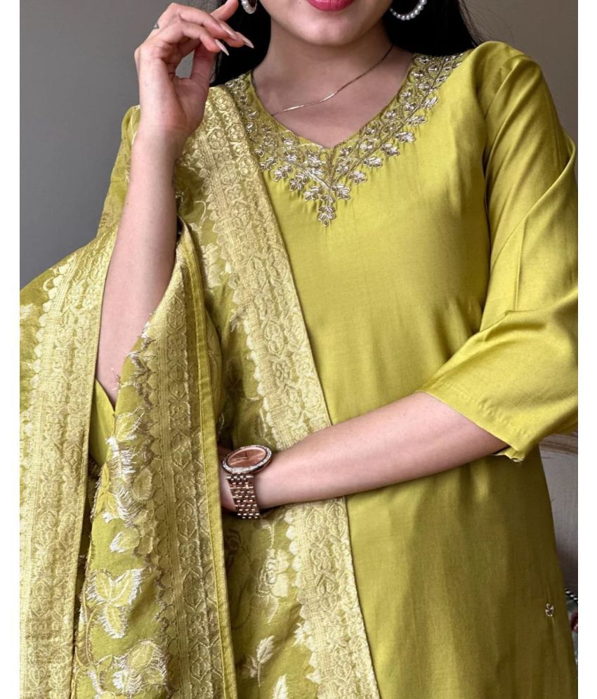     			Shiv Enterprise Cotton Silk Embroidered Kurti With Pants Women's Stitched Salwar Suit - Yellow ( Pack of 1 )