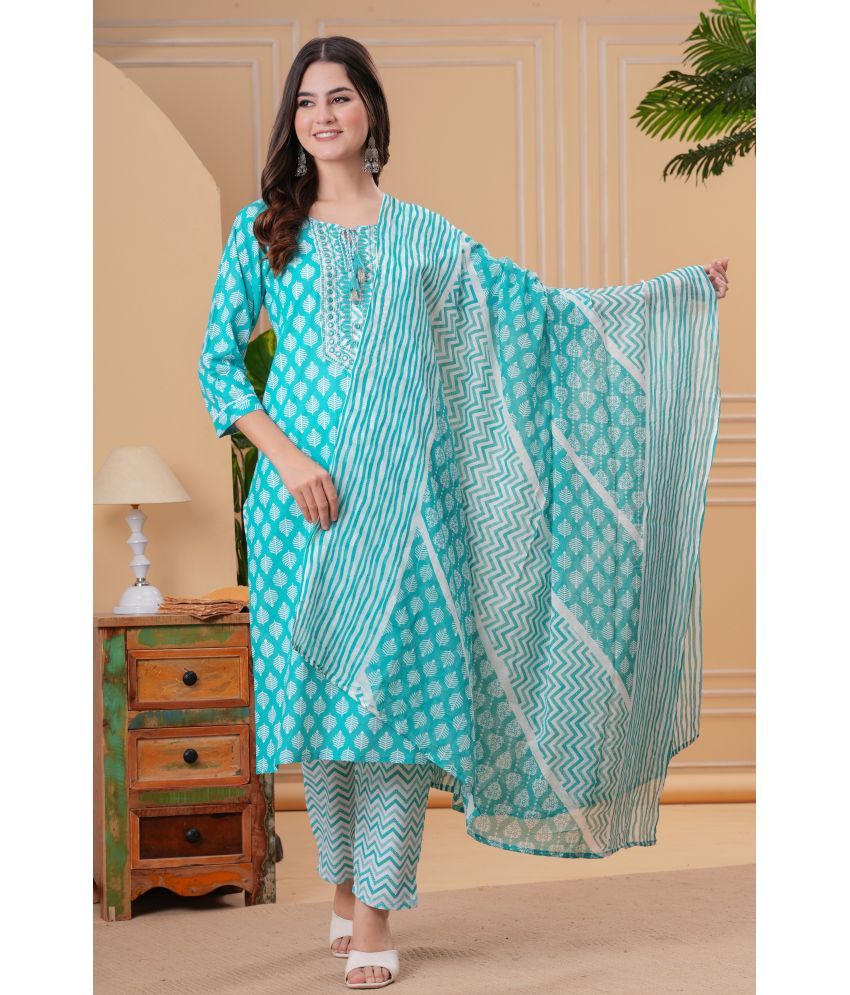     			JC4U Cotton Embellished Kurti With Pants Women's Stitched Salwar Suit - Light Blue ( Pack of 1 )