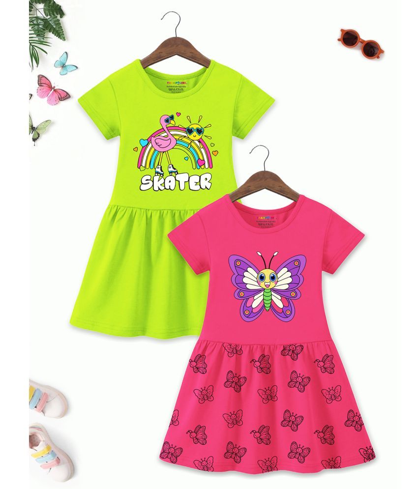     			Trampoline Cotton Blend Dress For Girls ( Pack of 2 , Pink & Green )