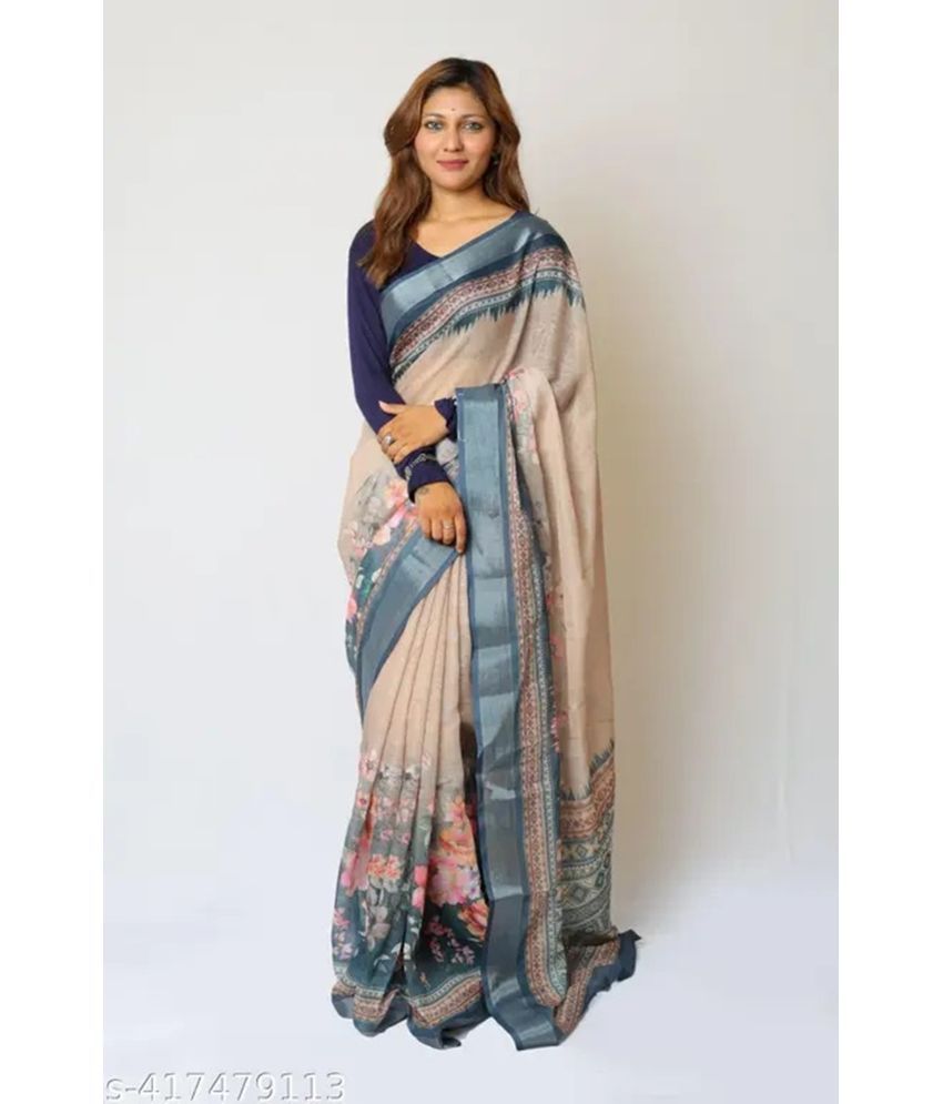     			Grubstaker Linen Printed Saree With Blouse Piece ( Beige , Pack of 1 )