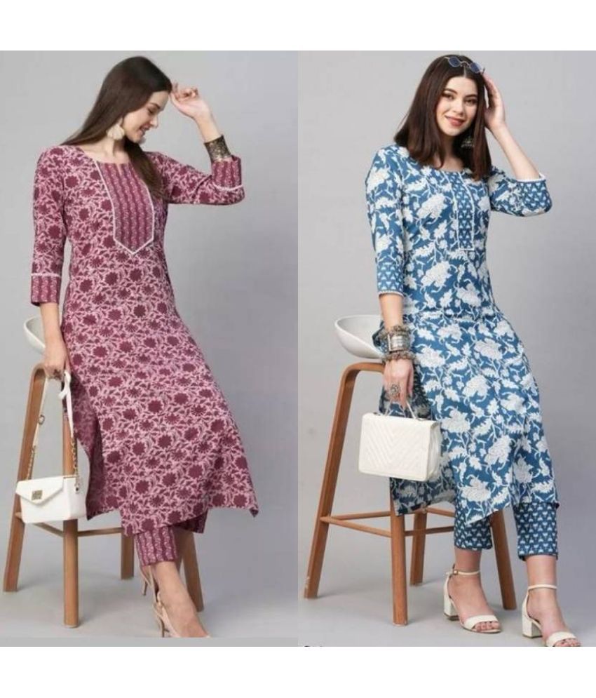     			BOUGHT FIRST Pack of 2 Cotton Blend Printed Straight Women's Kurti - ( Multicolor6 )