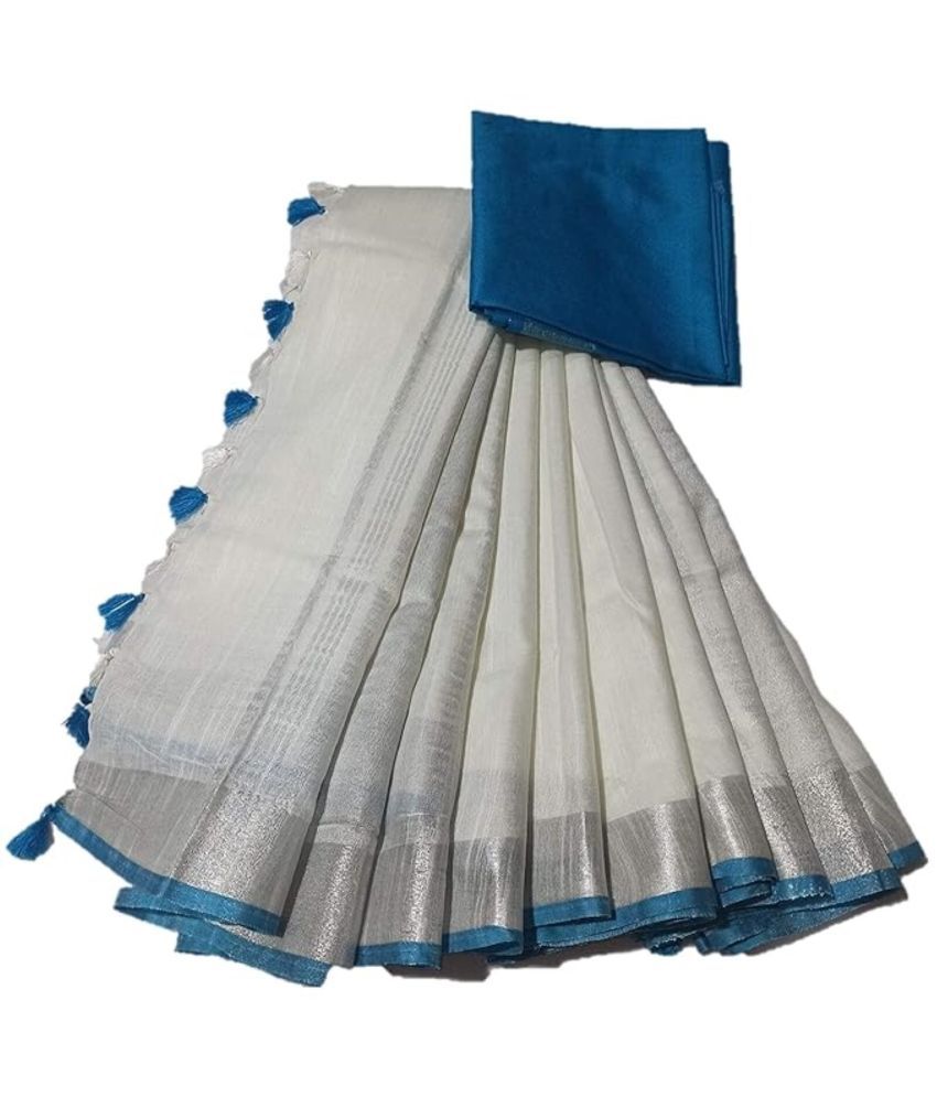     			CLOTH9 Cotton Blend Solid Saree With Blouse Piece ( White , Pack of 1 )