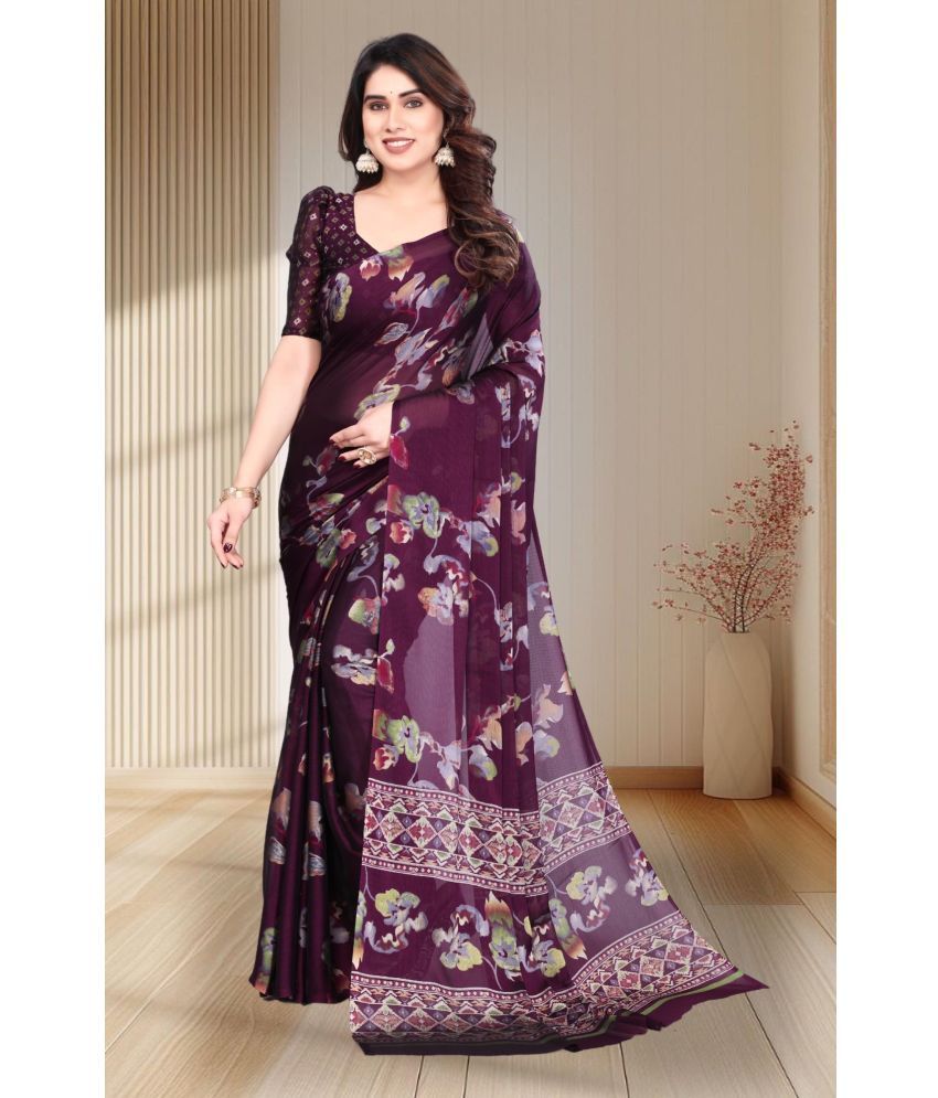     			Magneitta Chiffon Printed Saree With Blouse Piece ( Purple , Pack of 1 )