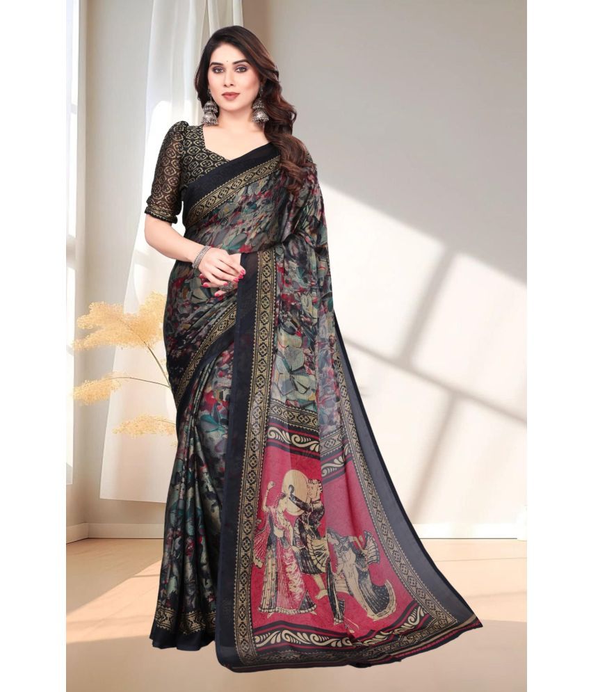     			Magneitta Chiffon Printed Saree With Blouse Piece ( Black , Pack of 1 )