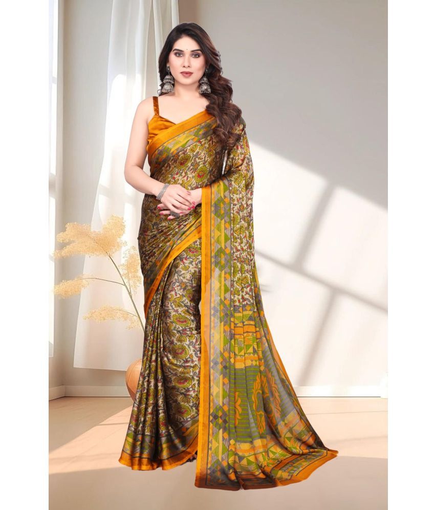     			Magneitta Chiffon Printed Saree With Blouse Piece ( Yellow , Pack of 1 )