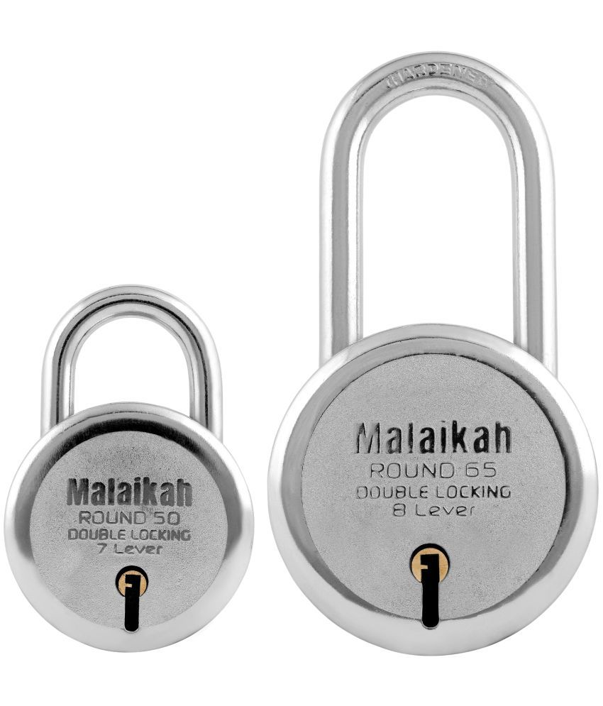     			Malaikah Locks Padlocks Pack Of 2 Round 50mm And Round 65mm Long Shackle Made In Aligarh India Extra-Secure Design Featuring Durable Steel And 7-Lever Double Locking Mechanism