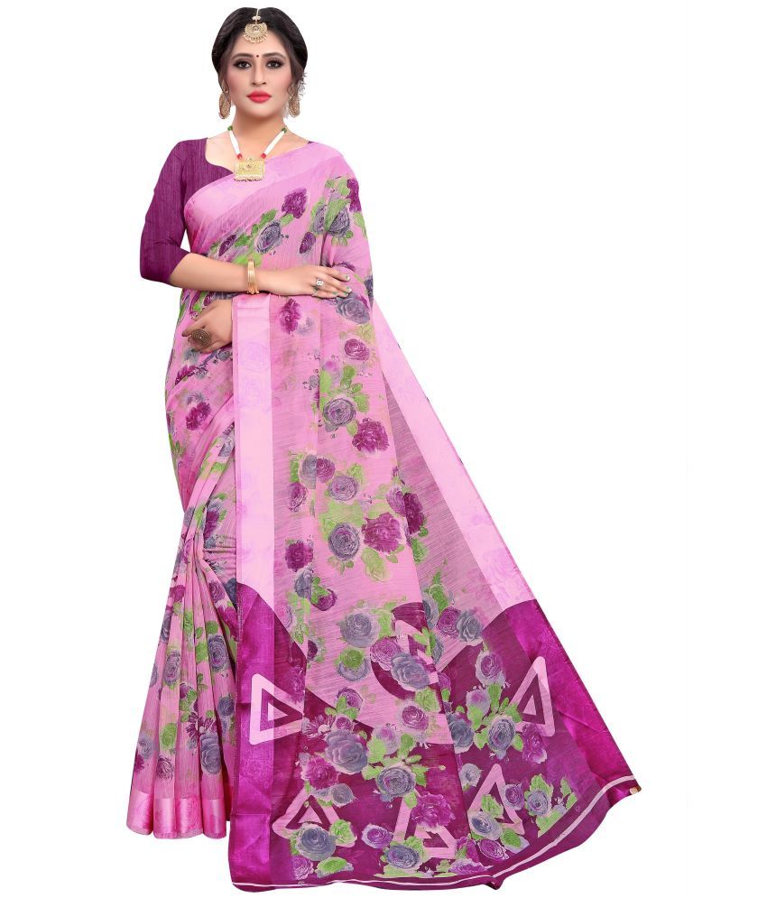     			RUNAYA NX Cotton Blend Printed Saree With Blouse Piece ( Pink , Pack of 1 )